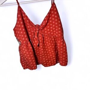 Hem & Thread Red Floral Tie Front Smocked Back Cami Top Womens Medium Boho